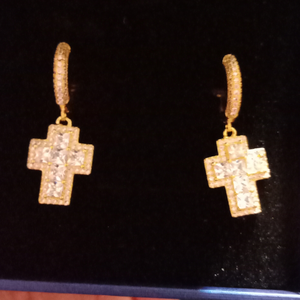 18 k Gold Plated Cross Dangle Huggies Earrings Iced Out Cubic Zirconia